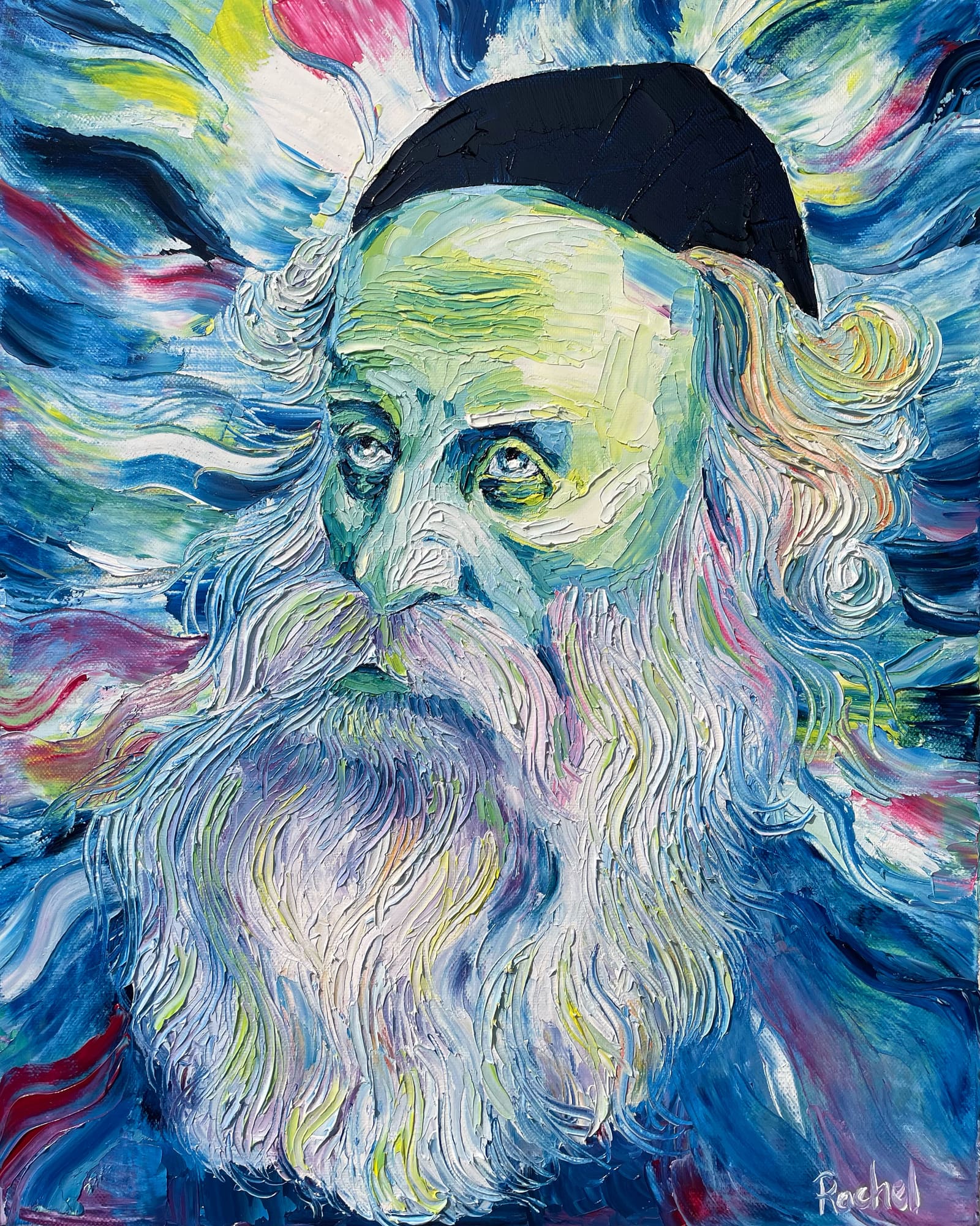 Palette knife oil portrait of the Alter Rebbe, white beard and dark kippah, upward gaze, swirling blue and rose background