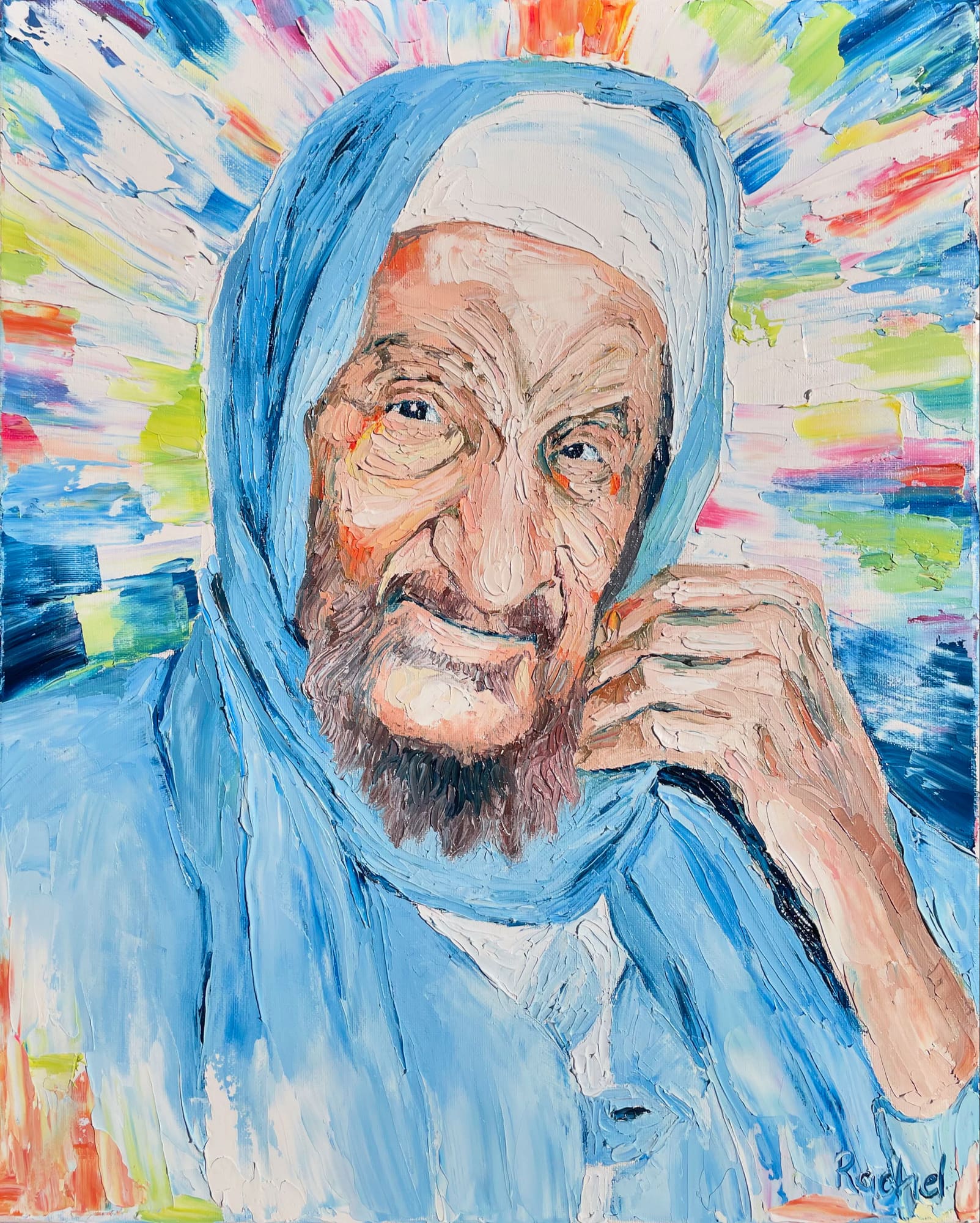Palette knife oil portrait of the Baba Sali in a pale blue hooded robe, rays of color radiating behind him