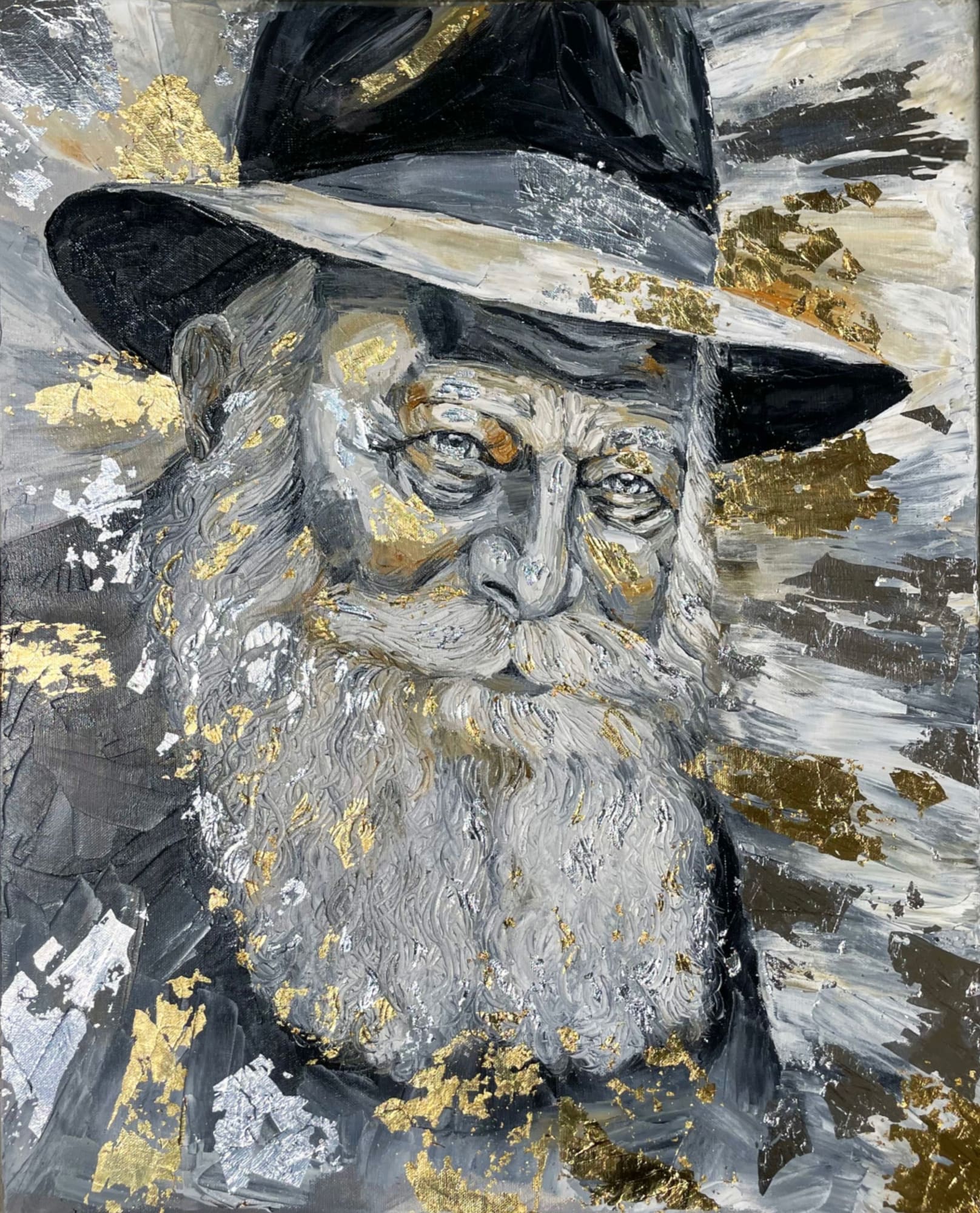 Palette knife oil portrait of the Lubavitcher Rebbe in a black hat, gray and white tones with gold and silver leaf.