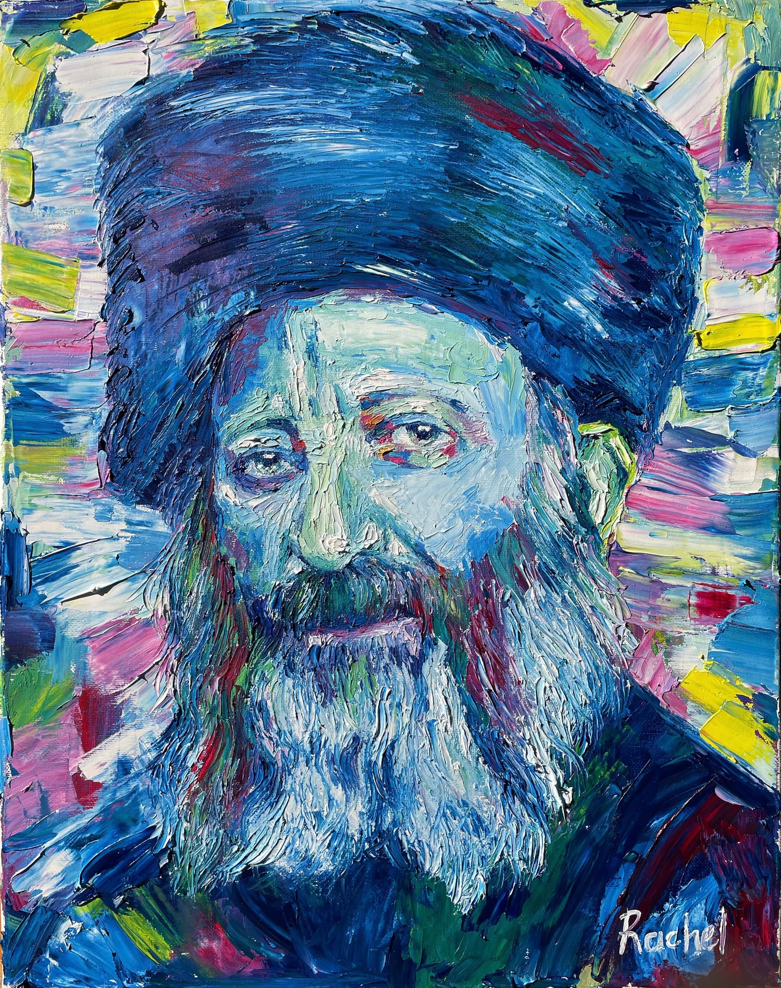 Palette knife oil portrait of Rav Kook in a tall blue hat, pale green face and white beard against radiating color.
