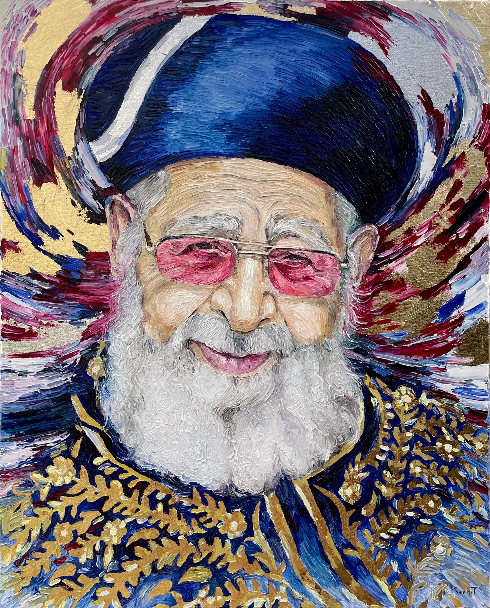 Palette knife oil portrait of Rav Ovadia Yosef in blue turban and gold embroidered robe, smiling behind rose tinted glasses