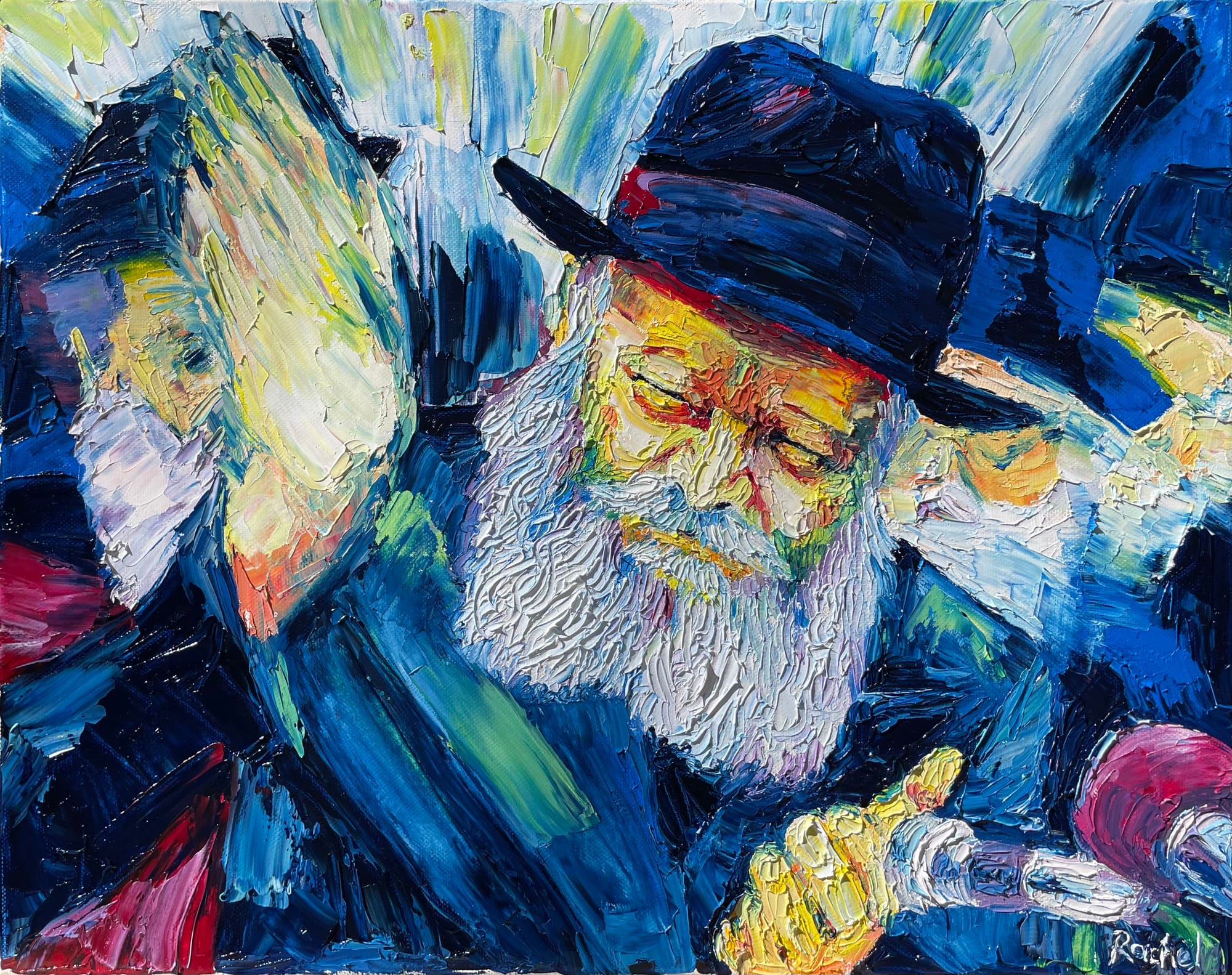 Palette knife oil painting of the Lubavitcher Rebbe at a farbrengen, eyes lowered, one palm raised, deep blue field.
