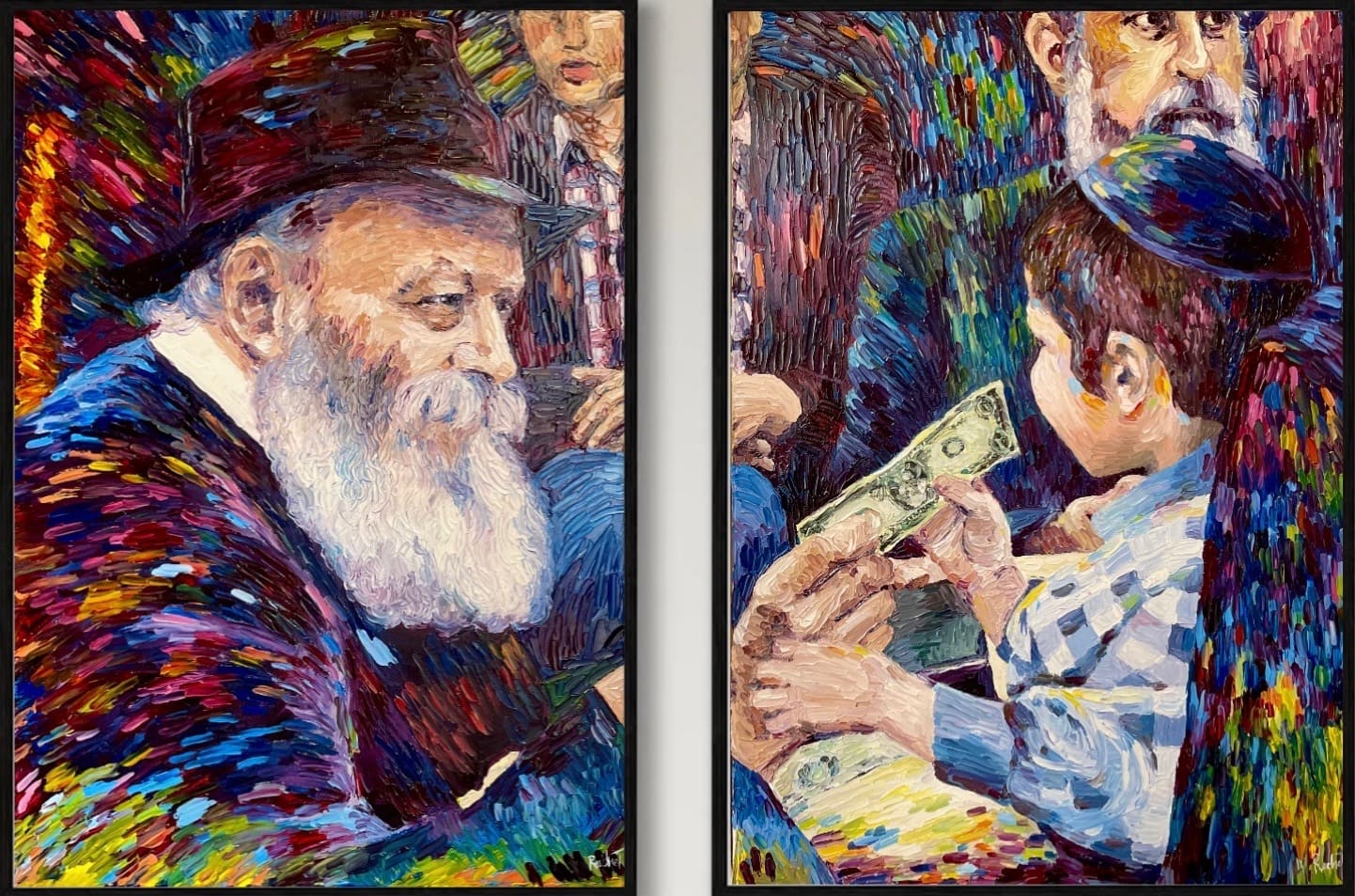 Diptych oil painting: the Lubavitcher Rebbe in profile on one canvas, a young boy holding a dollar bill on the other.