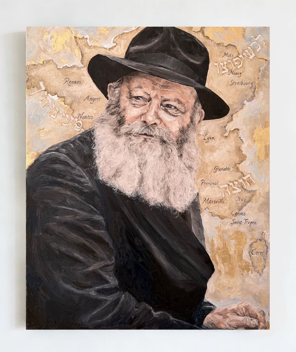 Oil painting of the Lubavitcher Rebbe in a black hat before a gold map of France with French city names and Hebrew lettering