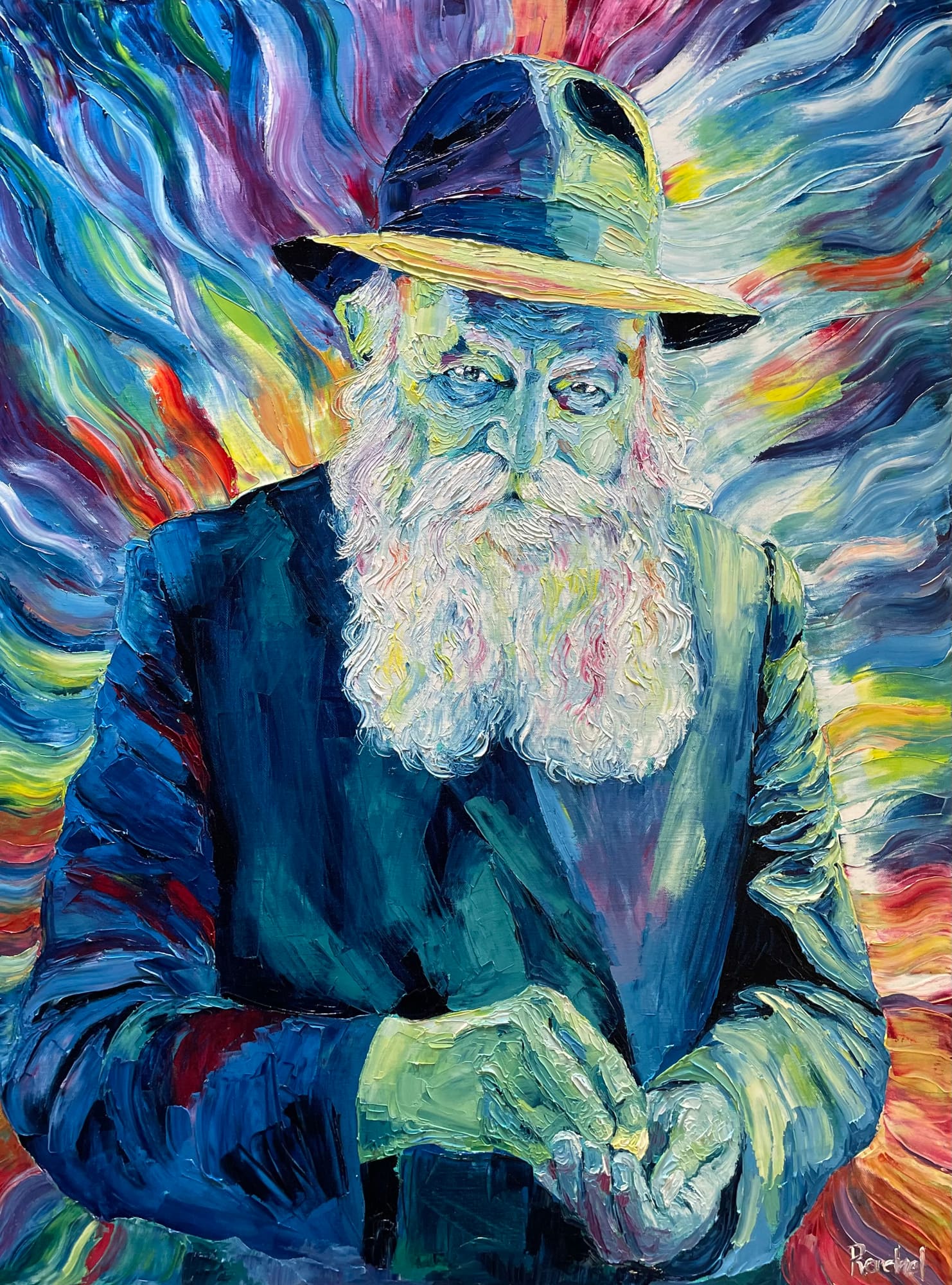 Palette knife oil portrait of the Lubavitcher Rebbe in hat and coat, hands folded, amid swirling multicolored strokes.