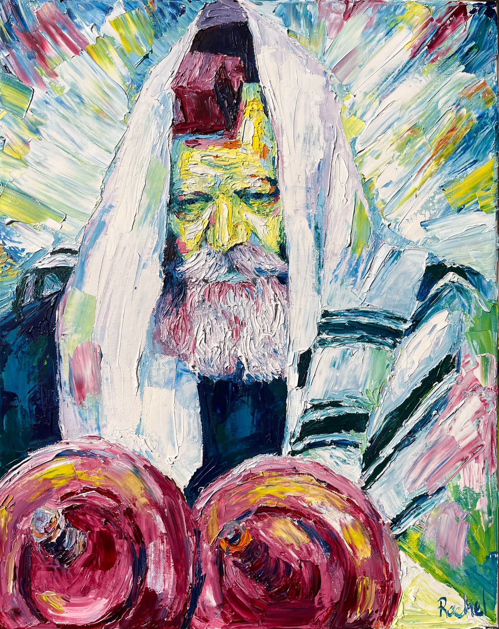 Oil portrait of the Lubavitcher Rebbe in a tallis holding a Sefer Torah, its two crimson scrolls facing the viewer.