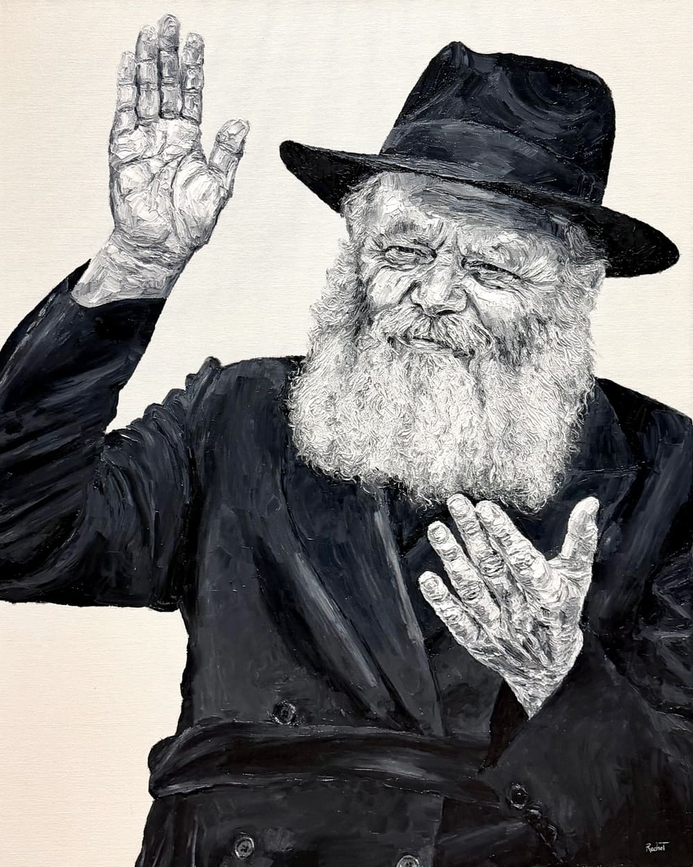 Black and white palette knife oil painting of the Lubavitcher Rebbe in a black hat, one hand raised encouraging the singing, thick impasto in the beard and hands