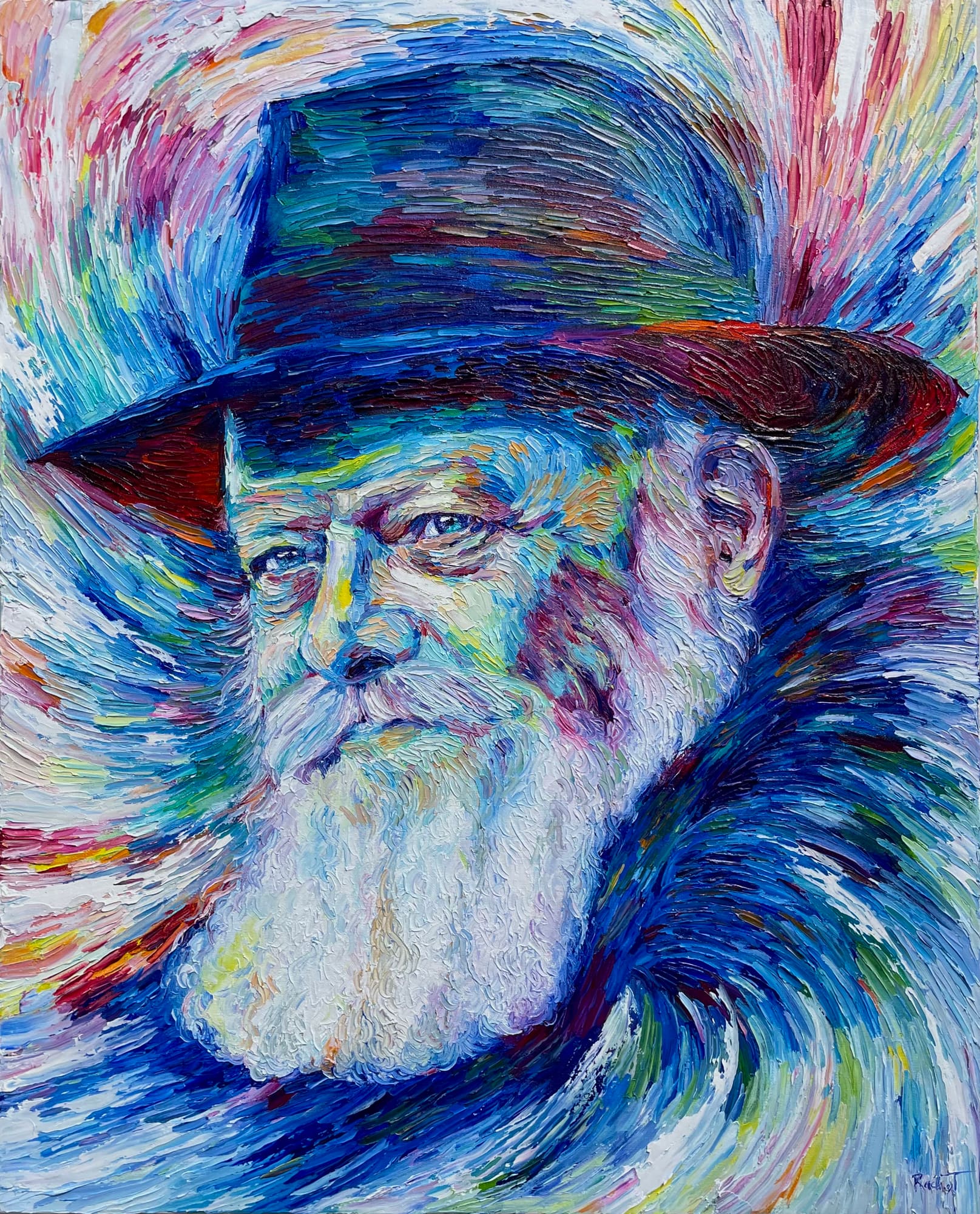 Palette knife oil portrait of the Lubavitcher Rebbe in a black hat, white beard, blue strokes spiraling outward around him.