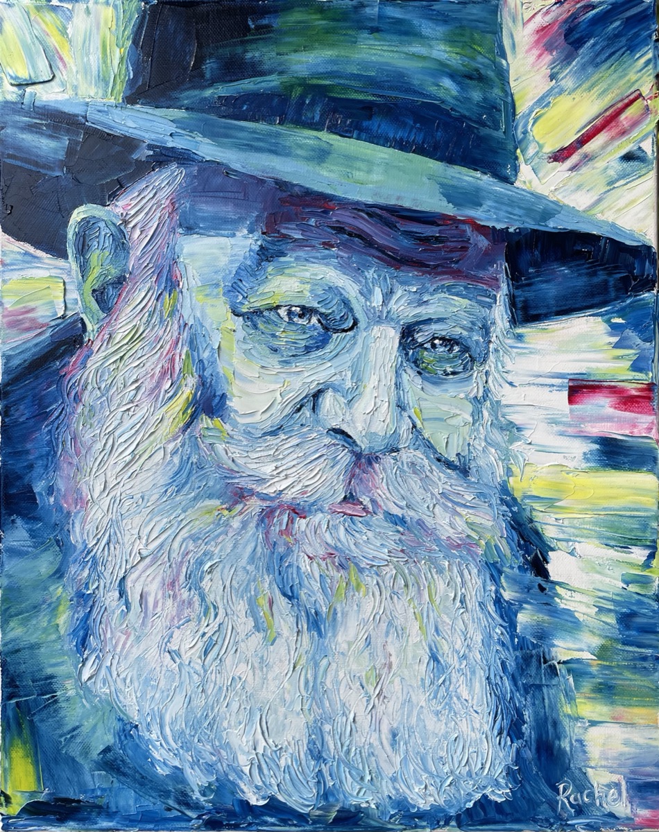 Palette knife oil portrait of the Rebbe in blues and white by Rachel Teeger