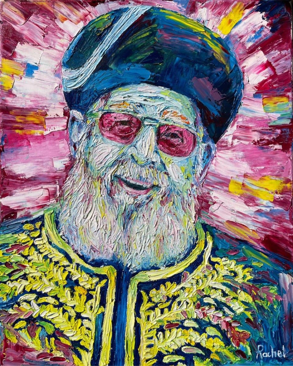Vivid palette knife portrait of Maran Rav Ovadia Yosef in a gold embroidered robe by Rachel Teeger