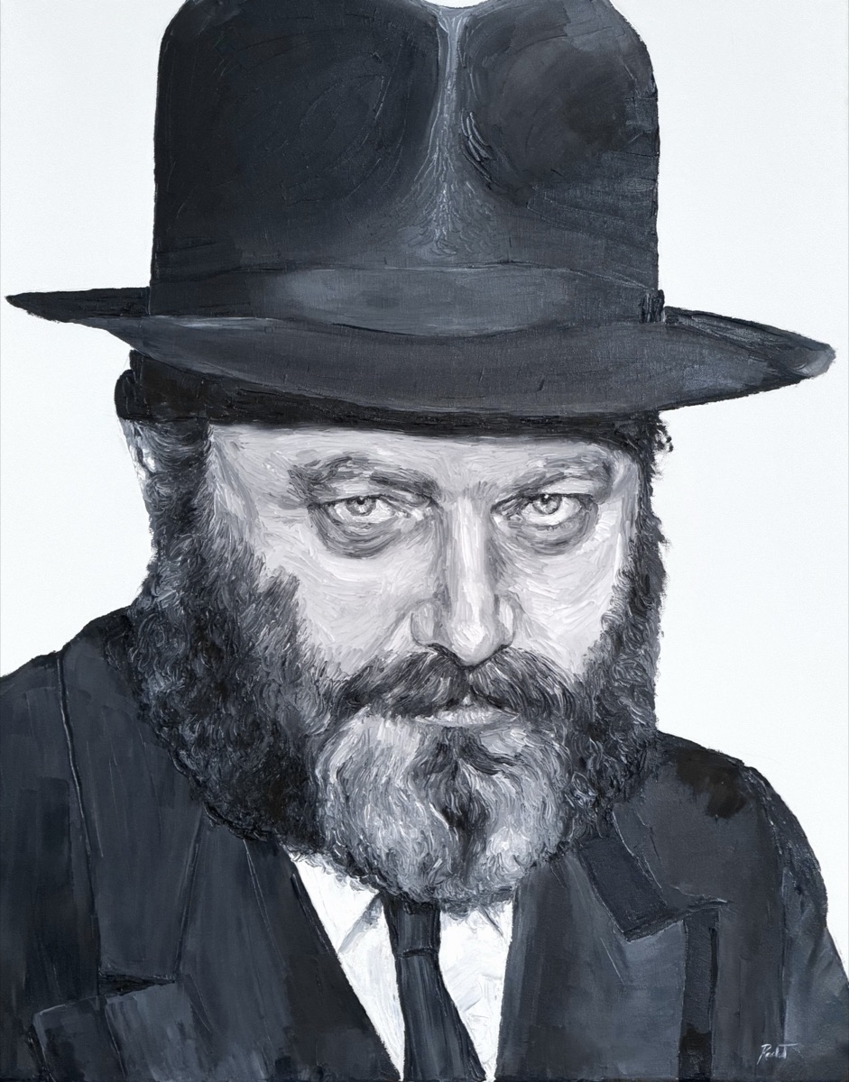 Black and white oil portrait of the young Lubavitcher Rebbe in a fedora with a dark beard